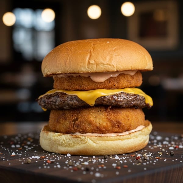 Cheeseburger with two crispy onion rings and sauce, served on a dark wooden board with spices.