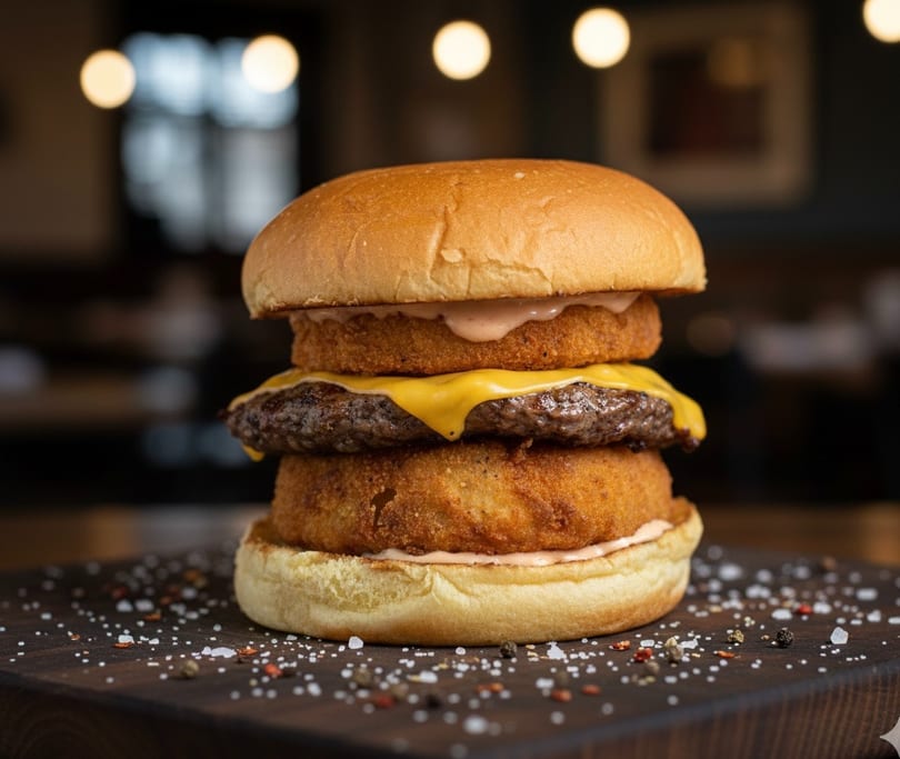 Cheeseburger with two crispy onion rings and sauce, served on a dark wooden board with spices.