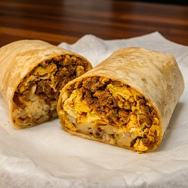 Two halves of a breakfast burrito filled with eggs, chorizo, and potatoes on white paper.