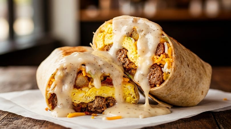 Two halves of a breakfast burrito, filled with eggs, sausage, and cheese, covered in gravy.