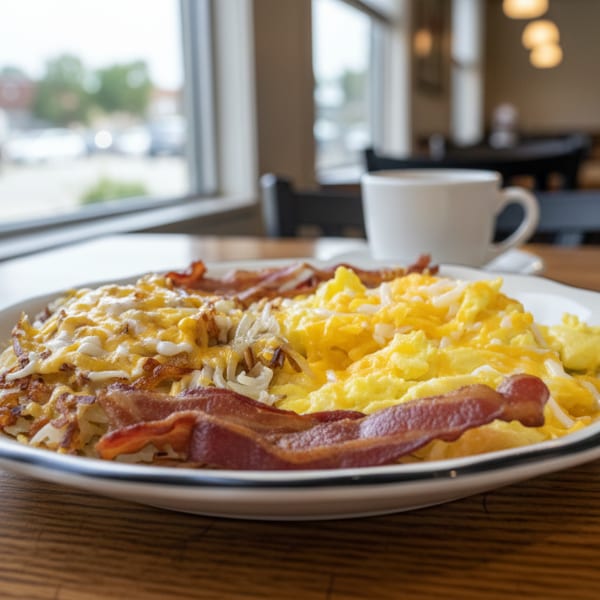 A breakfast plate with scrambled eggs, hash browns, and bacon, with a coffee cup in the background.