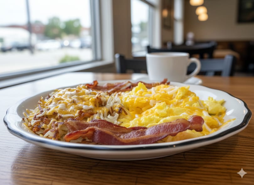A breakfast plate with scrambled eggs, hash browns, and bacon, with a coffee cup in the background.