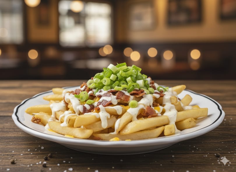 Loaded fries with melted cheese, bacon bits, ranch dressing, and chopped green onions.