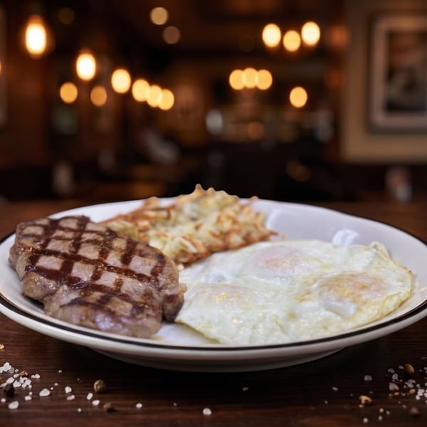 Steak, hash browns, and two fried eggs on a white plate, with a blurred restaurant background.