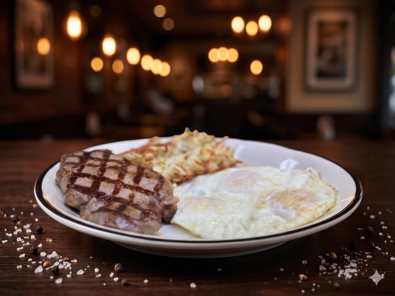 Steak, hash browns, and two fried eggs on a white plate, with a blurred restaurant background.