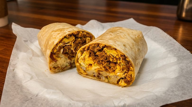 Two halves of a breakfast burrito, filled with eggs, chorizo, and potatoes, on white paper.