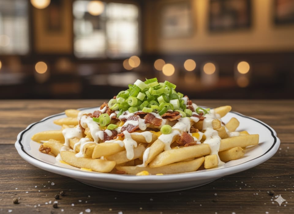 Loaded fries with melted cheese, bacon bits, ranch dressing, and chopped green onions.