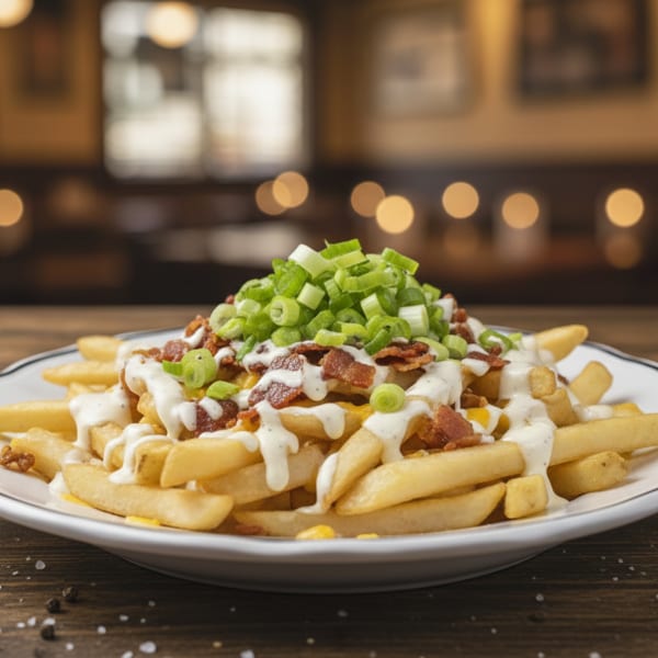 Loaded fries with melted cheese, bacon bits, ranch dressing, and chopped green onions on a white plate.