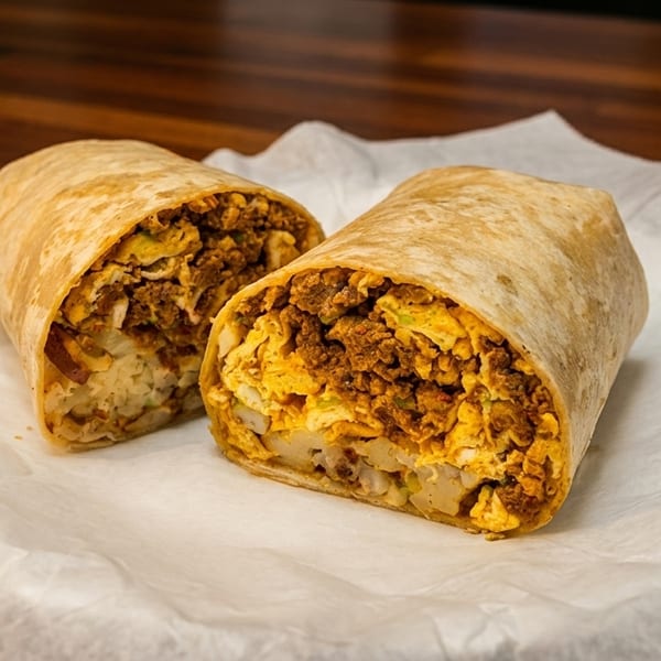 Two halves of a breakfast burrito filled with eggs, chorizo, and potatoes on white paper.