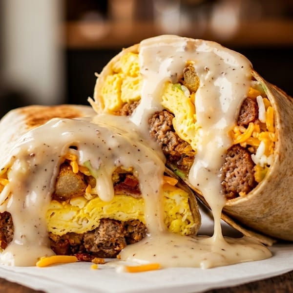 Two halves of a breakfast burrito filled with eggs, sausage, and cheese, drizzled with gravy.